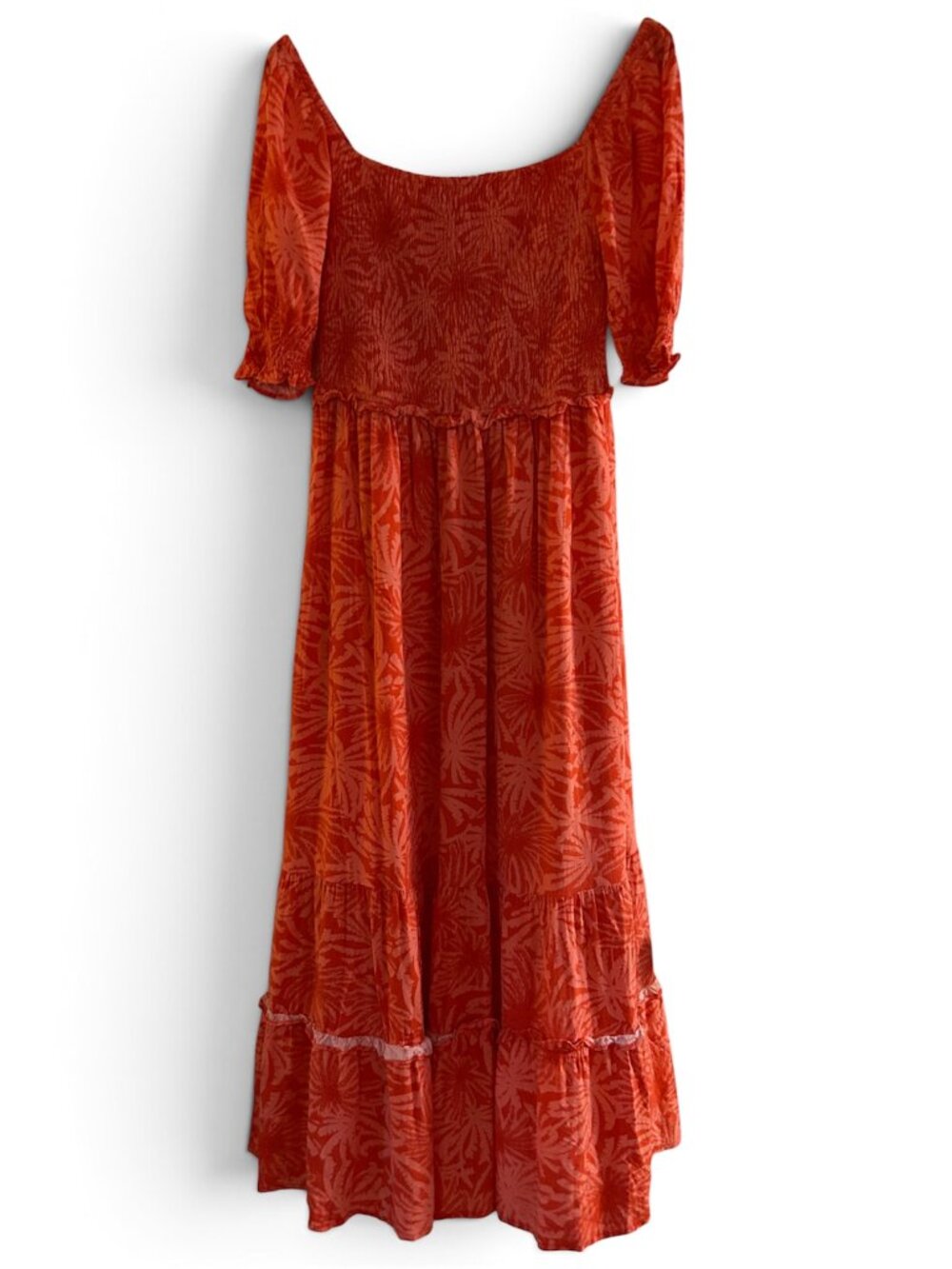 Betsey Johnson Orange Short Sleeve Midi Dress w/ Smocked Bodice Ruffles Medium
